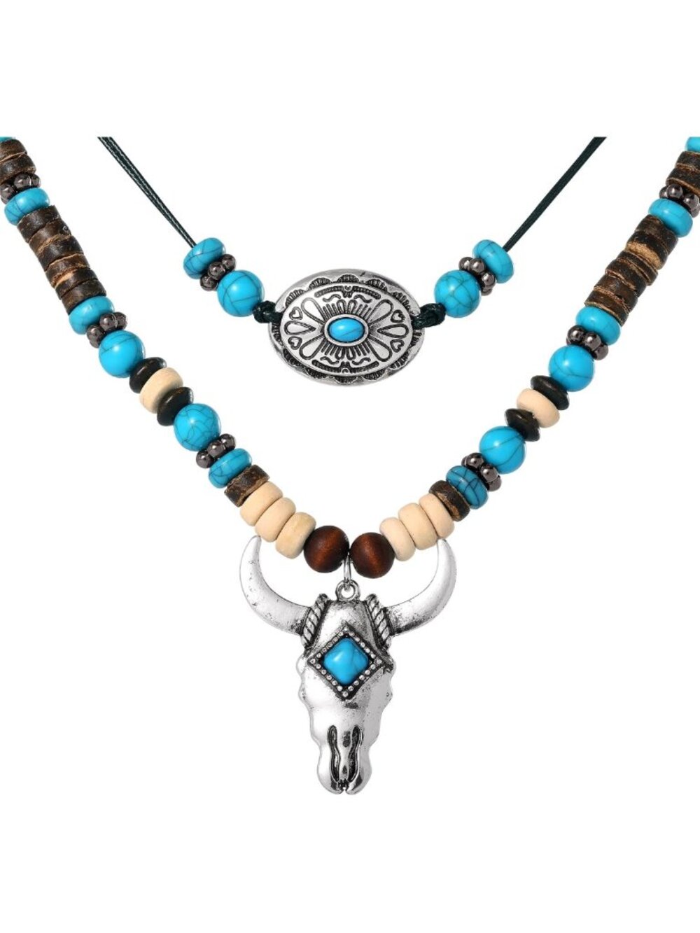 Beaded Layered Necklace with Turquoise & Bull Head Pendant - Western Style